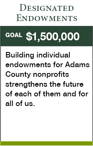 Designated Endowments. Goal: $1,500,000. Building individual endowments for Adams County nonprofits strengthens the future of each of them and for all of us.