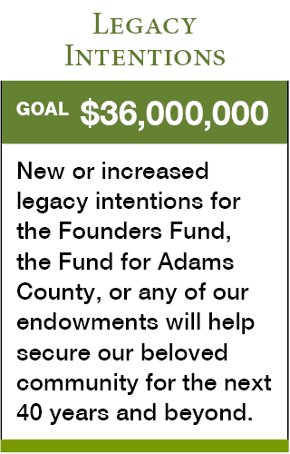 Legacy Intentions. Goal: $36,000,000. New or increased legacy intentions for the Founders Fund, the Fund for Adams County, or any of our endowments will help secure our beloved community for the next 40 years and beyond.